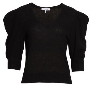FRAME Cashmere V-Neck Black Puff Sleeve Sweater